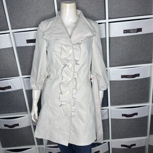 Anthropologie Trench Coat By Idra Women’s Double Ruffle Beige Trench Jacket Size